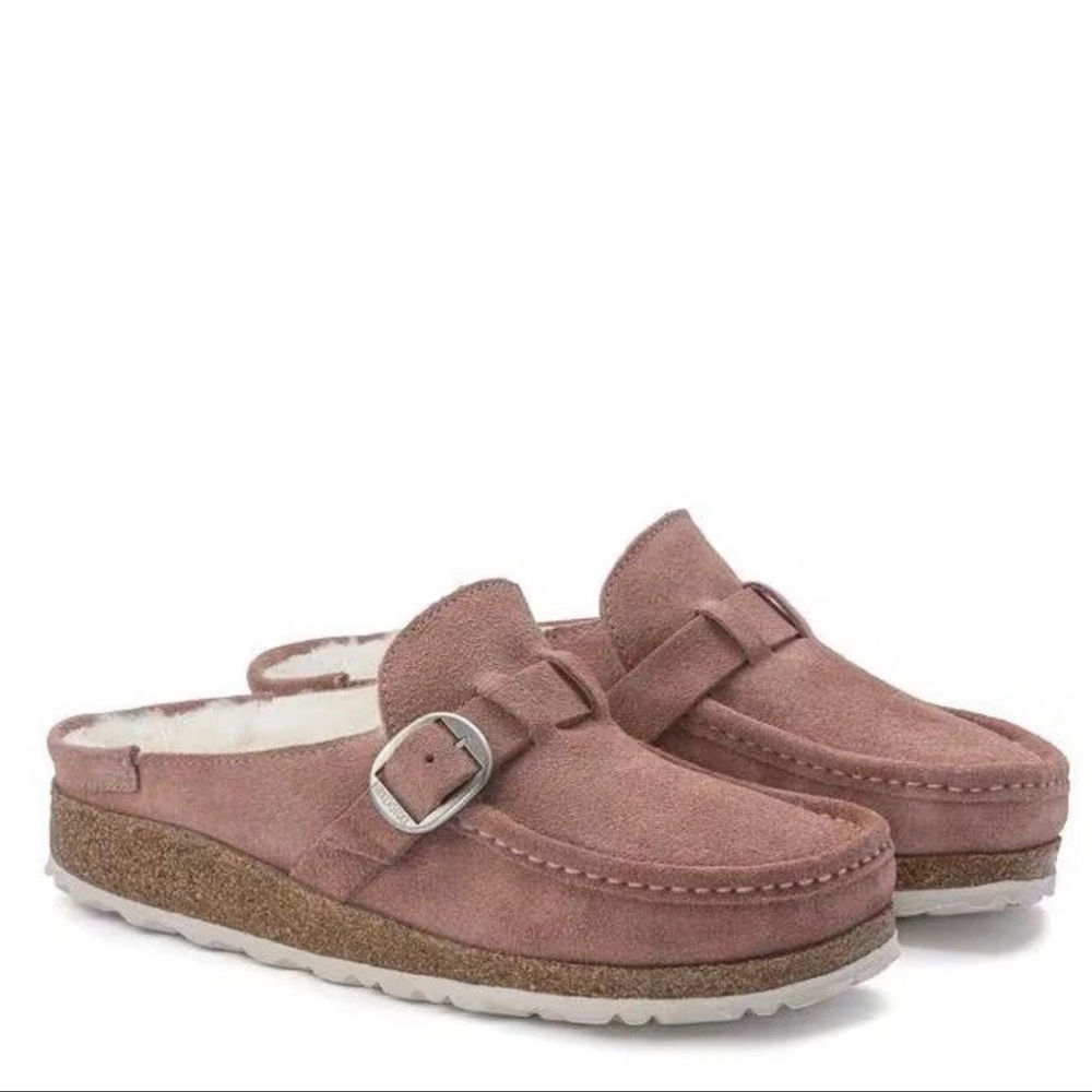 Birkenstock Pink Suede Clog Loafers with Buckle - Picture 2 of 9